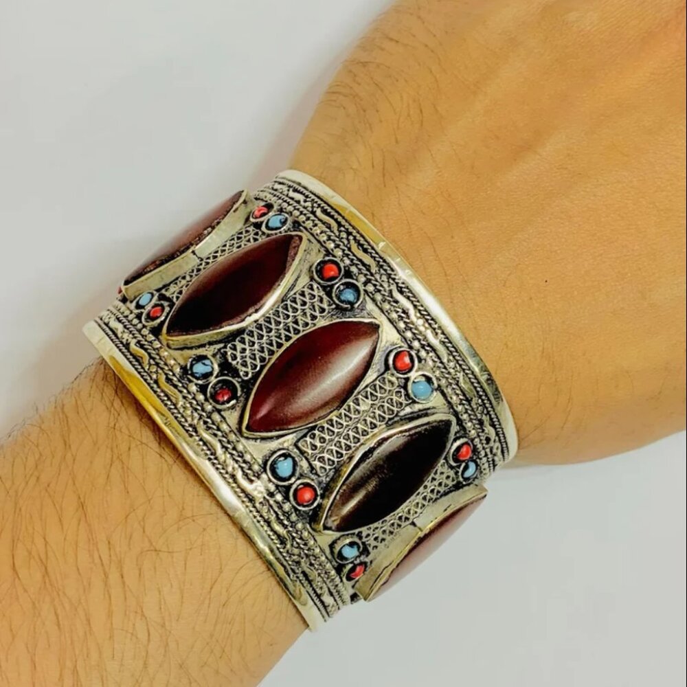 Single Kuchi Boho Cuff Bracelet, Tribal Stone Cuff Bracelet With Turquoise